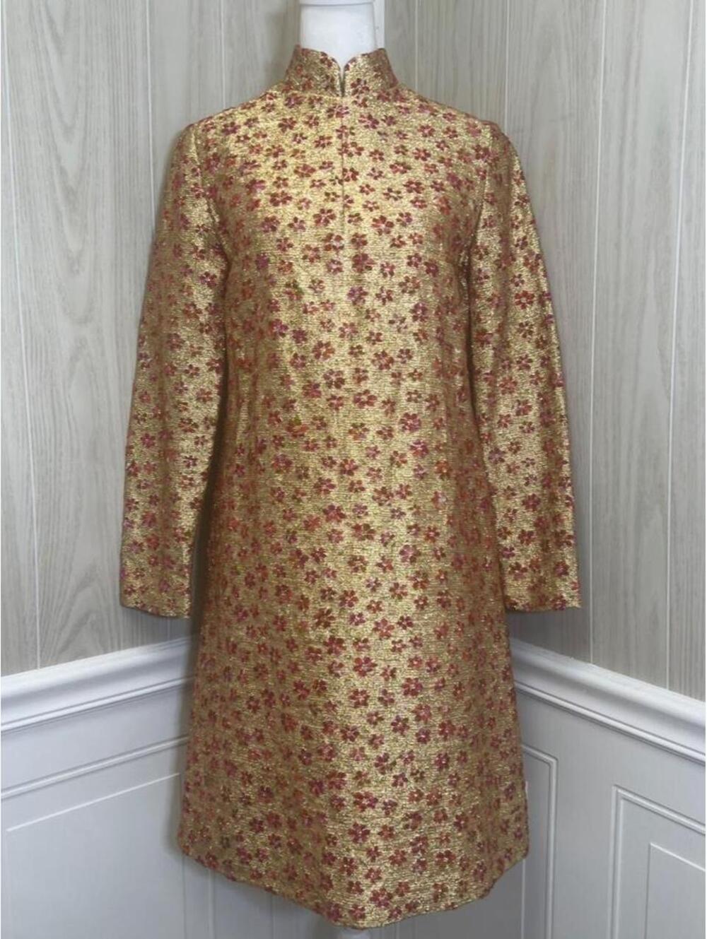Vintage 1960s Romantica by Victor Costa gold floral shift dress. Sz. 8
